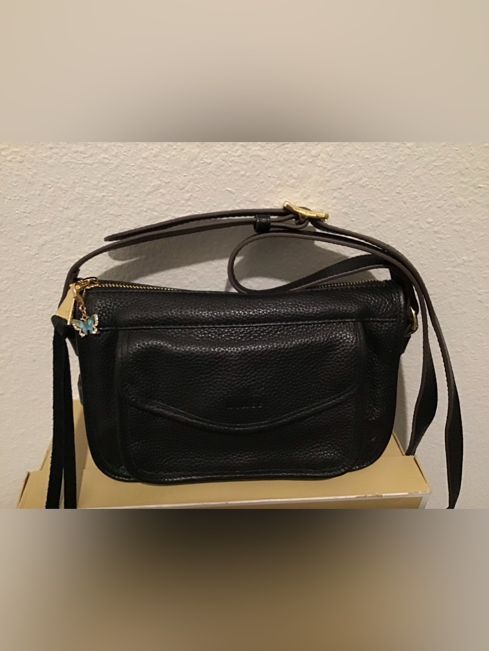 Aimee Kestenberg Black Pebbled Leather Shoulder Bag with Gold Hardware